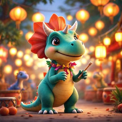 The primary subject of the image is a cartoon dinosaur, specifically a blue and orange T-Rex, standing on a dirt road. The setting is a forest with a nighttime atmosphere, as indicated by the presence of lanterns and the overall darkness of the scene. The visual style is a digital art or illustration, with the dinosaur being the main focus of the image. The colors and mood of the image are predominantly dark and mysterious, with the blue and orange T-Rex standing